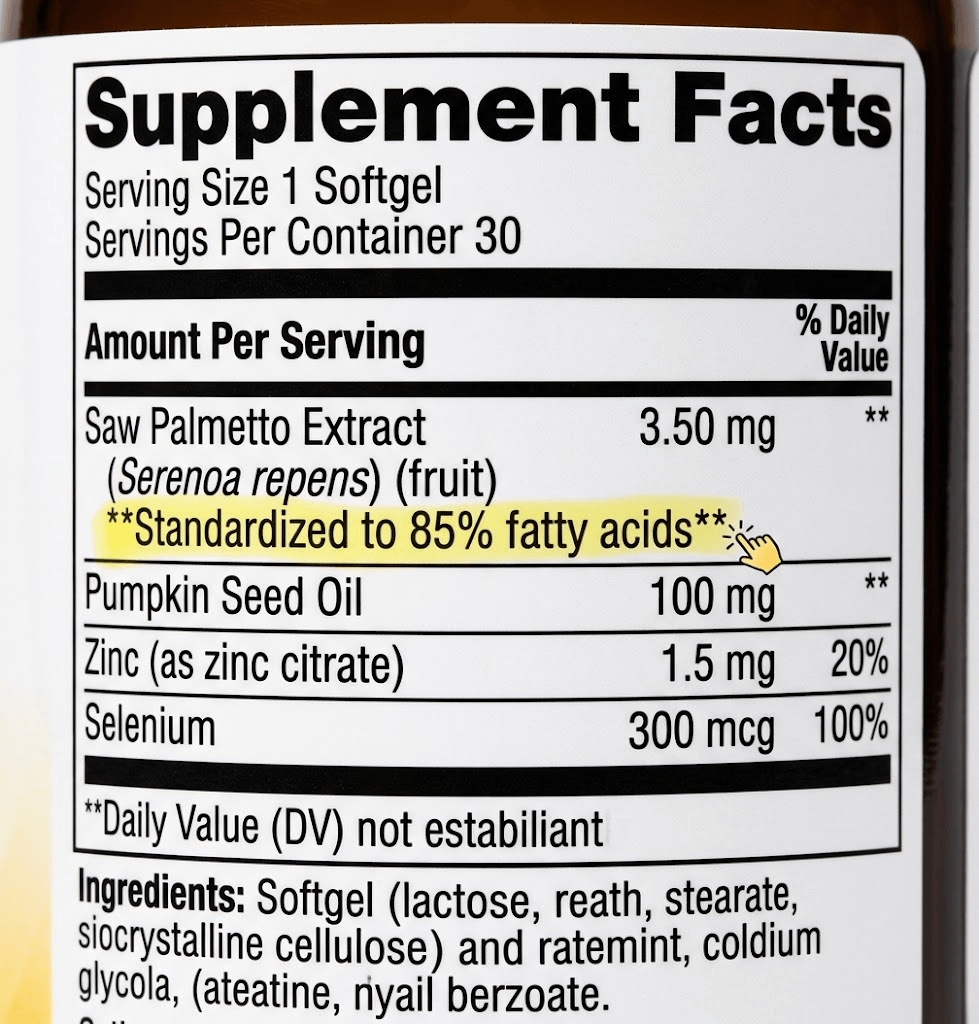 A dietary supplement facts label showing saw palmetto extract standardized to 85 percent fatty acids