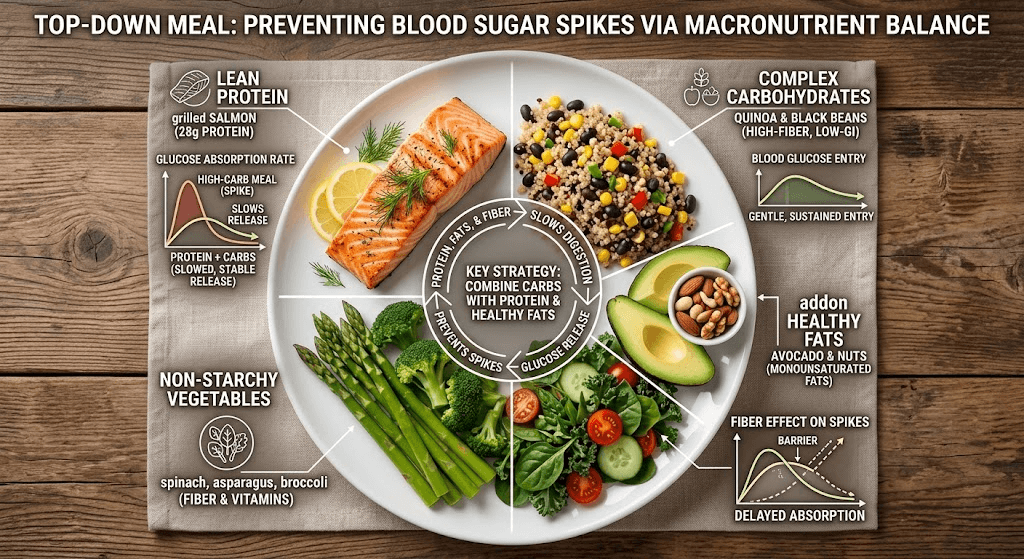 A healthy meal with protein, fats, and fiber to help manage post-meal blood sugar levels