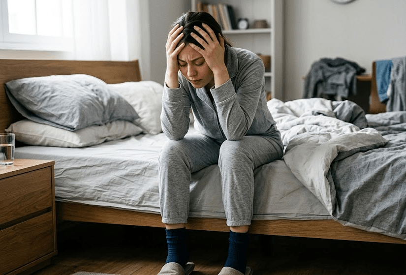 A person sitting on the edge of a bed holding their head to stabilize themselves after experiencing a dizzy spell