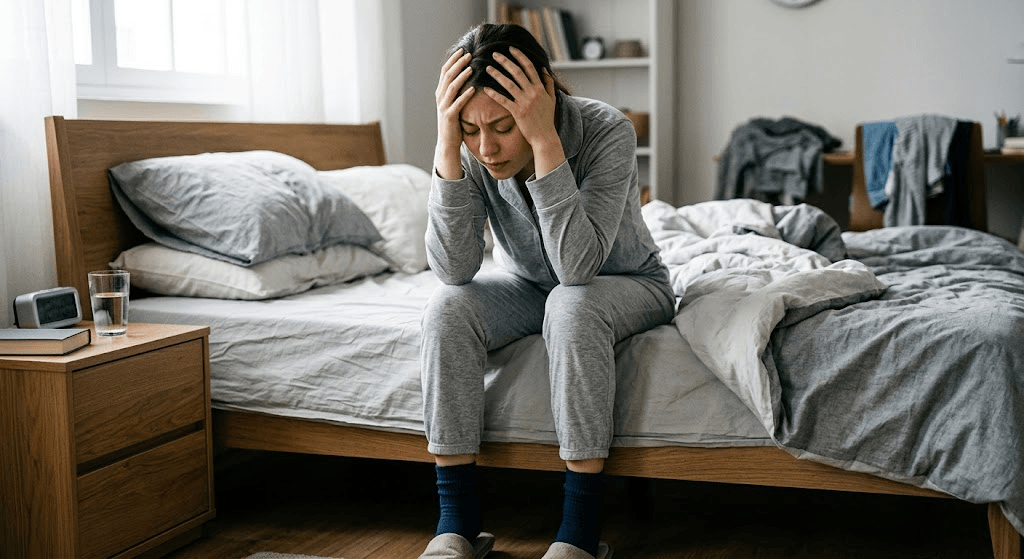 A person sitting on the edge of a bed holding their head to stabilize themselves after experiencing a dizzy spell