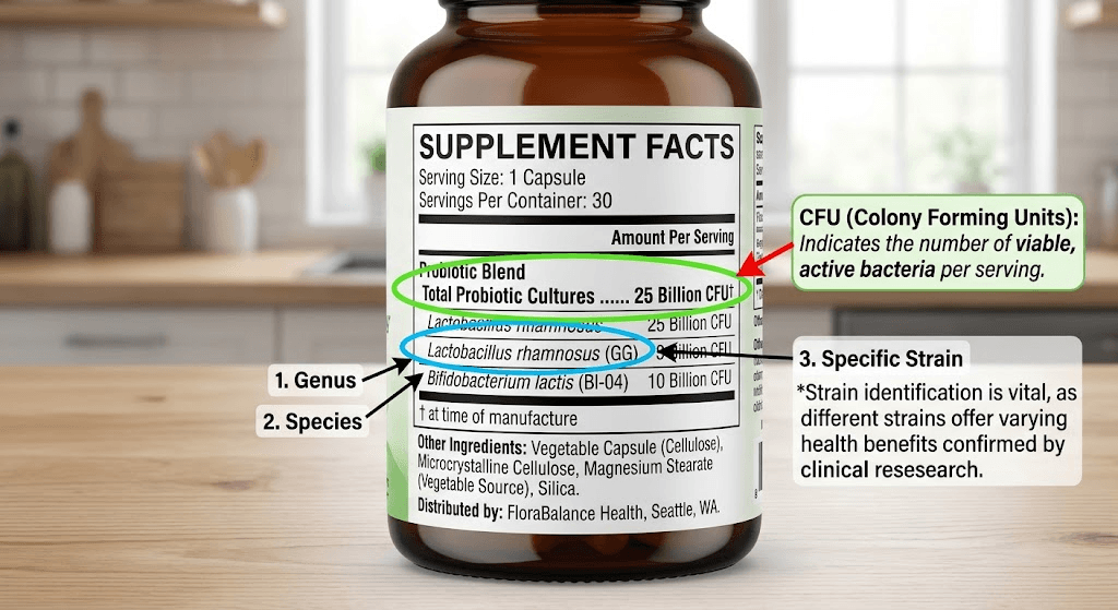 A sample dietary supplement label highlighting the probiotic strain name and the colony forming units count