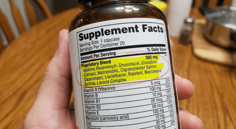 A supplement facts label showing a proprietary blend with hidden ingredient dosages.