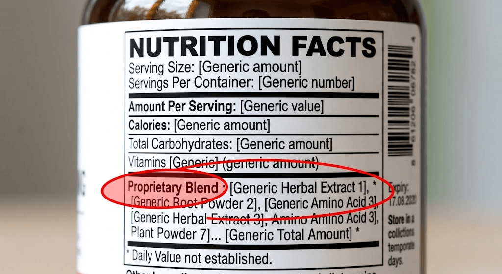 A supplement nutrition label highlighting a proprietary blend where individual ingredient amounts are hidden