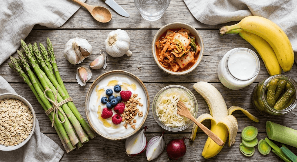 A variety of gut-healthy foods including asparagus, garlic, yogurt, and kefir on a table