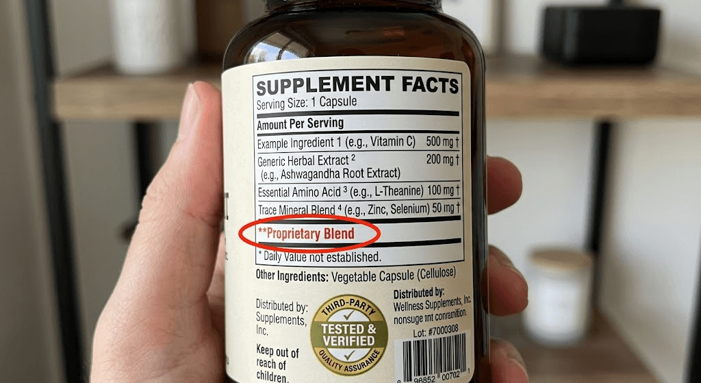 An example of a transparent Supplement Facts panel showing exact ingredient amounts and a third-party quality testing seal