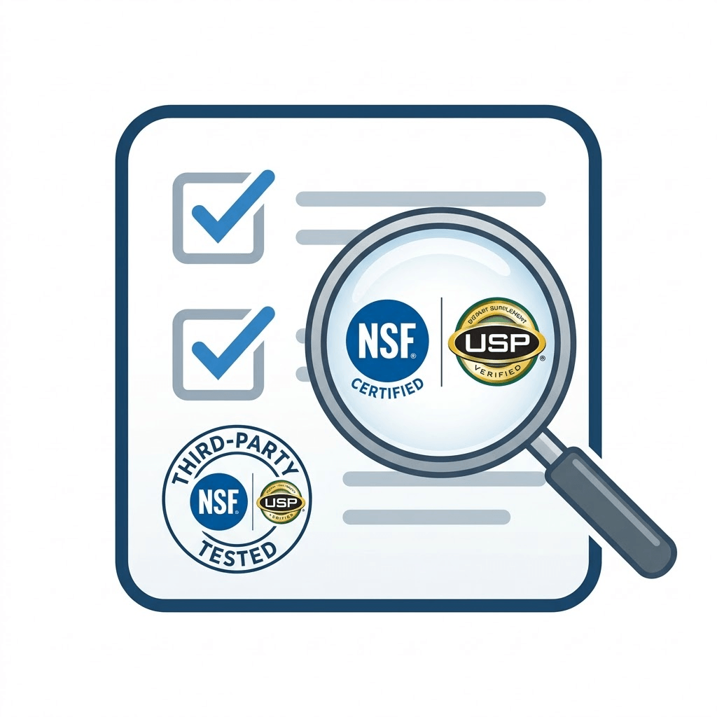 An illustration showing how to look for third-party testing seals on dietary supplement bottles to ensure safety