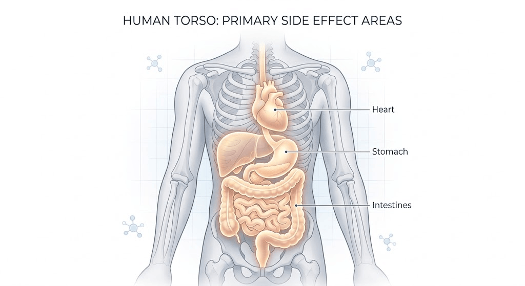 Anatomical diagram highlighting the cardiovascular and digestive systems where supplement side effects often occur