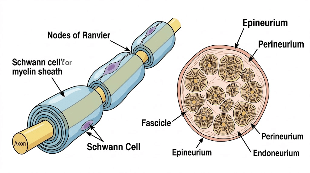 Anatomical diagram of a healthy peripheral nerve and myelin sheath