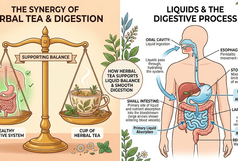 Anatomical diagram of the human digestive system showing how the body naturally processes fluids and waste