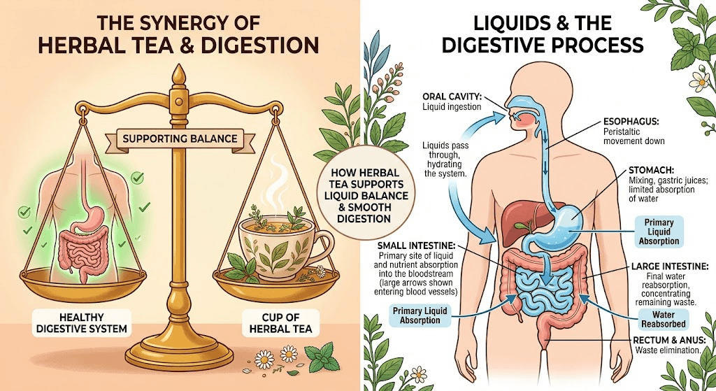 Anatomical diagram of the human digestive system showing how the body naturally processes fluids and waste