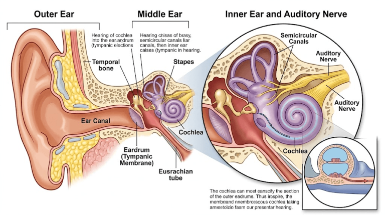 Anatomical diagram of the human ear showing the auditory nerve and cochlea