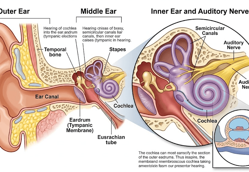Anatomical diagram of the human ear showing the auditory nerve and cochlea