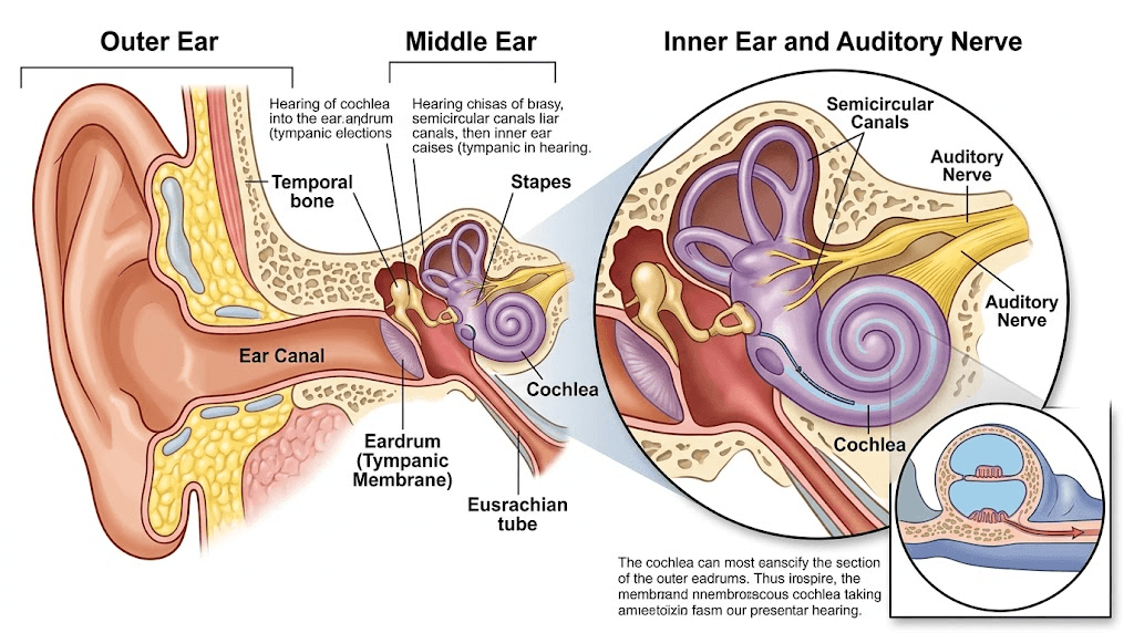 Anatomical diagram of the human ear showing the auditory nerve and cochlea