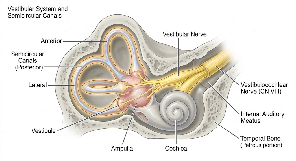 Anatomical diagram of the inner ear showing the vestibular system and semicircular canals responsible for human balance