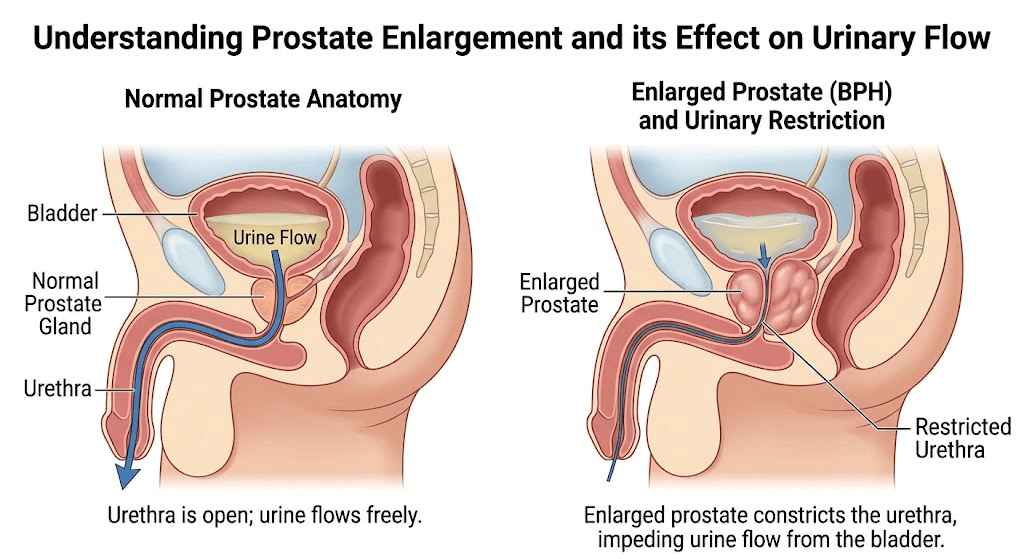 Anatomical diagram showing how an enlarged prostate gland presses against the urethra below the bladder