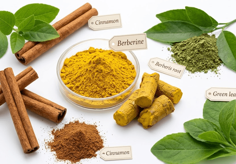 Assortment of common dietary supplement ingredients including cinnamon sticks and yellow berberine powder.