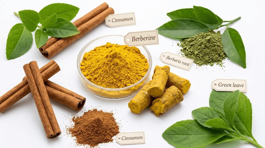 Assortment of common dietary supplement ingredients including cinnamon sticks and yellow berberine powder.