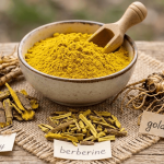 Bright yellow berberine extract powder next to natural barberry roots
