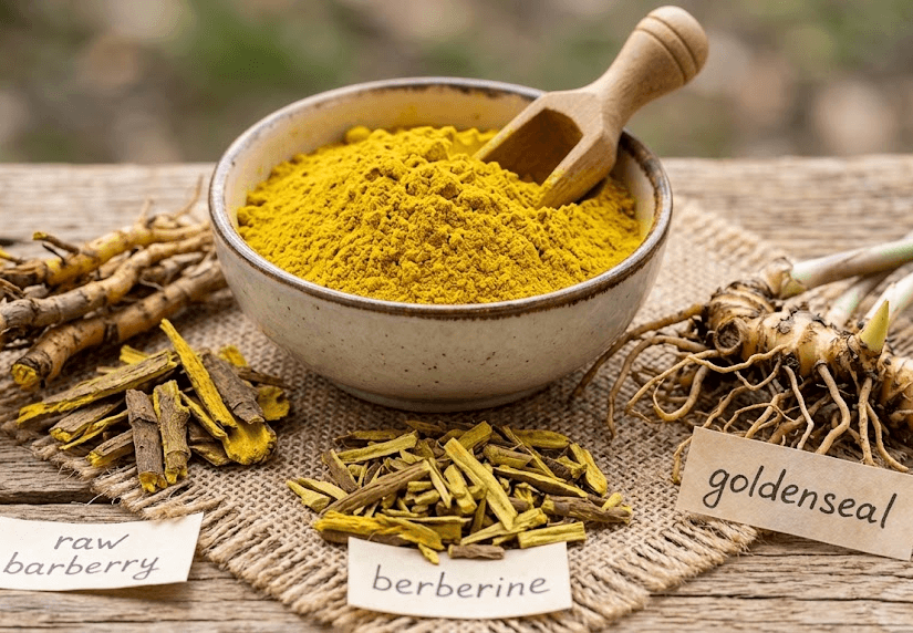 Bright yellow berberine extract powder next to natural barberry roots