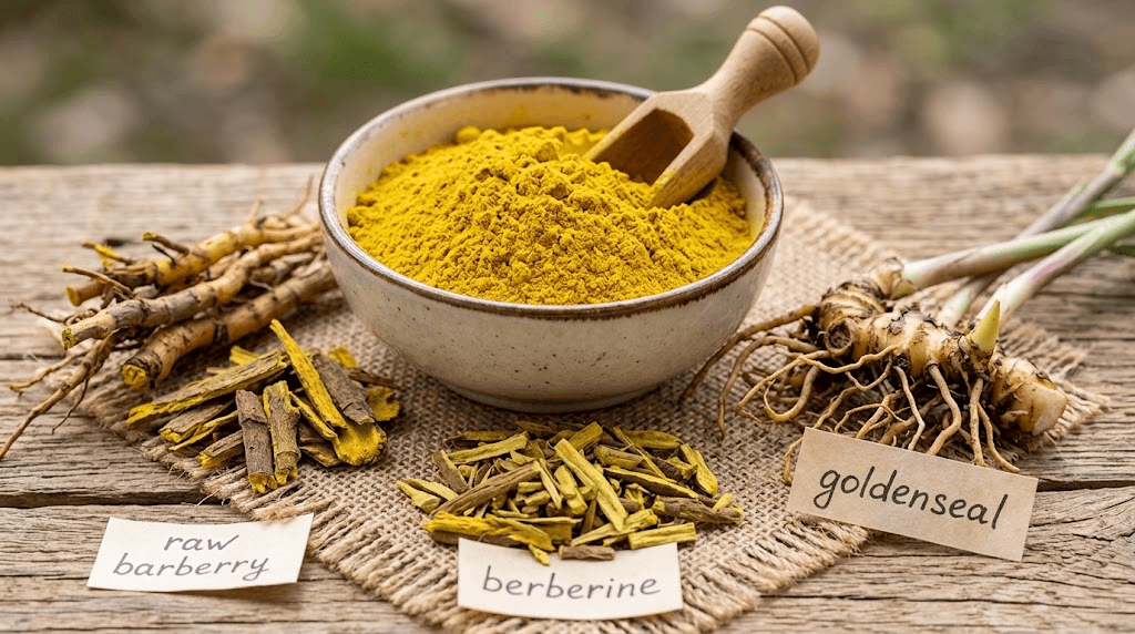 Bright yellow berberine extract powder next to natural barberry roots