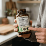 Close up of a consumer carefully reading the Supplement Facts label on a dietary supplement bottle