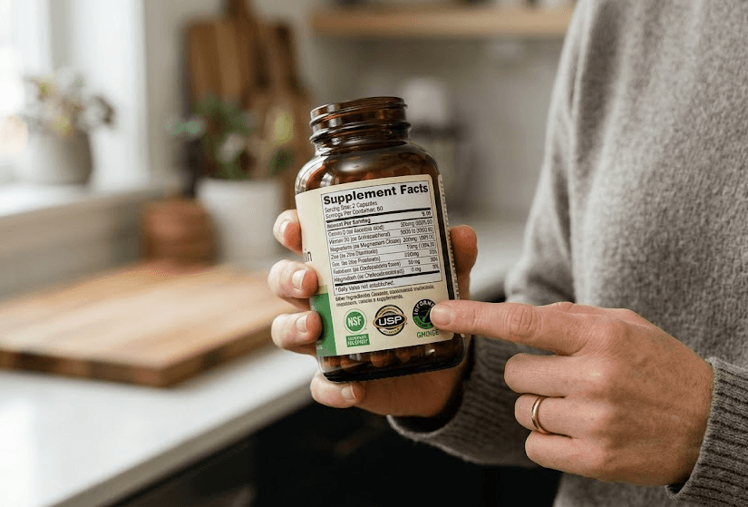 Close up of a consumer carefully reading the Supplement Facts label on a dietary supplement bottle