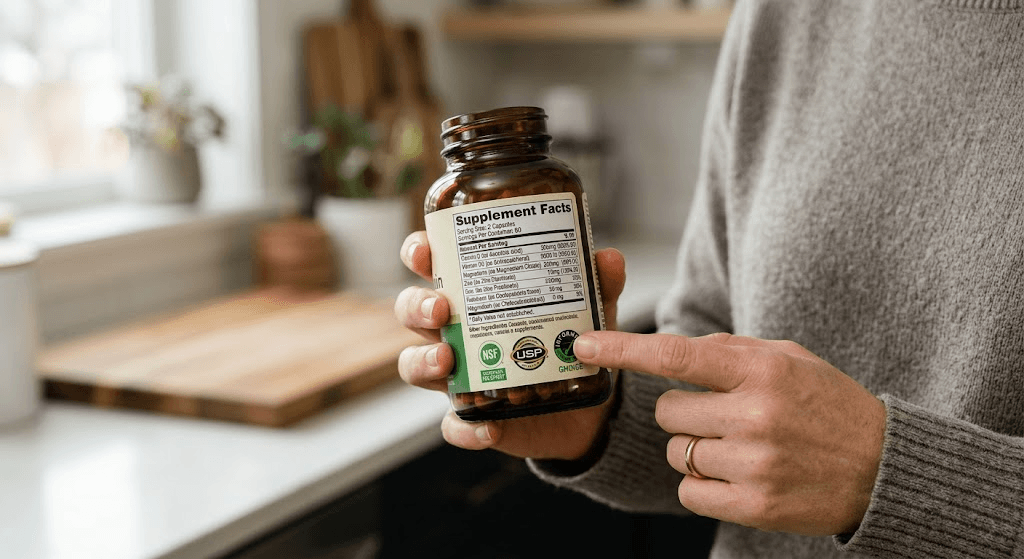 Close up of a consumer carefully reading the Supplement Facts label on a dietary supplement bottle