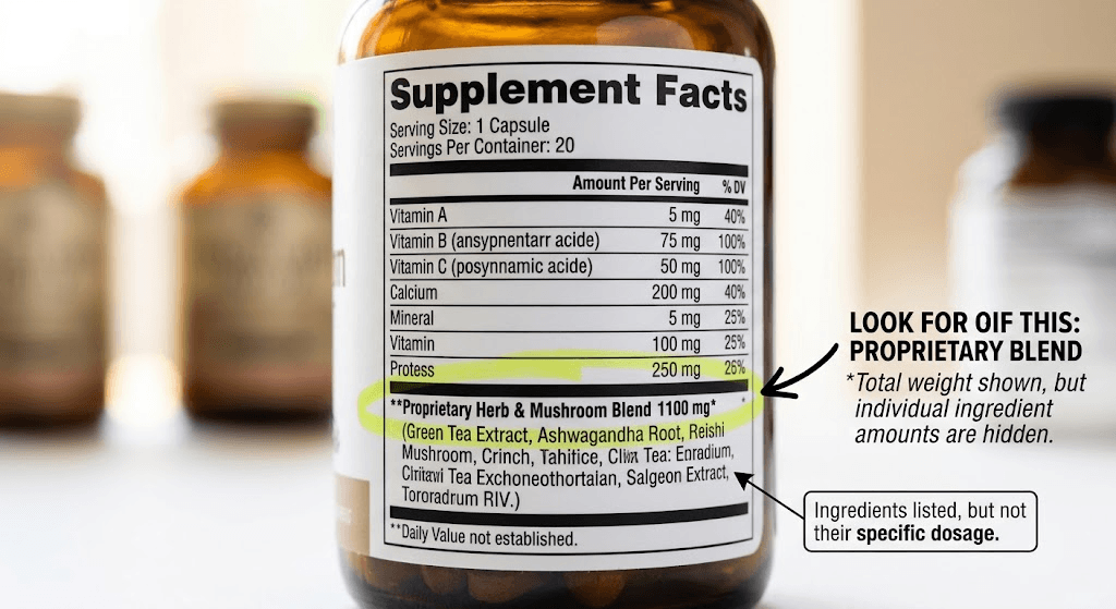 Close-up of a dietary supplement facts label showing a proprietary blend of ingredients