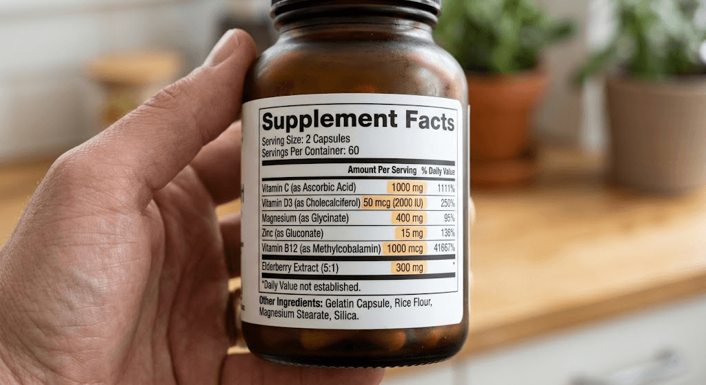 Close up of a dietary supplement facts panel showing ingredient dosages
