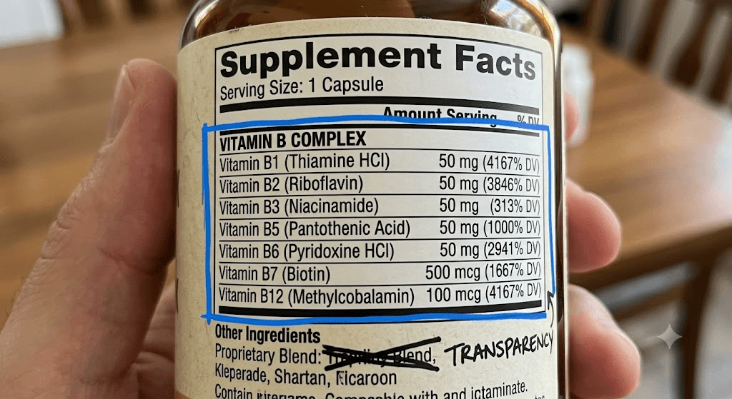 Close up of a dietary supplement ingredient label showing B vitamins