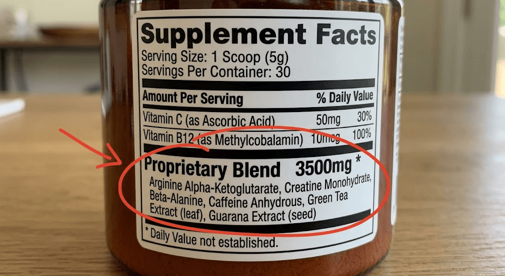 Close up of a supplement facts label demonstrating what a proprietary herbal blend looks like