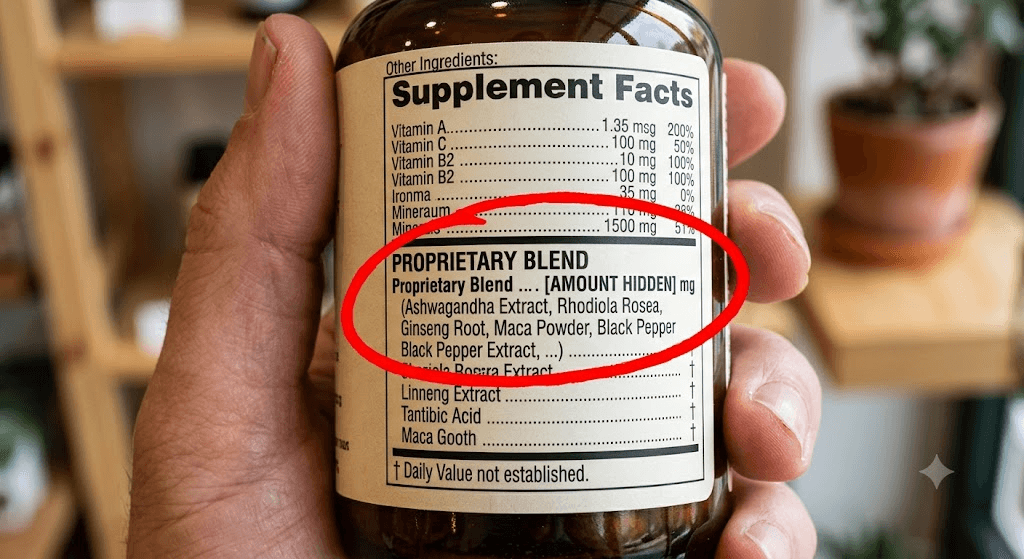 Close up of a supplement facts label highlighting a proprietary blend section