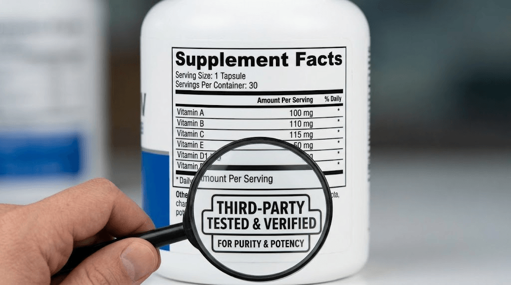 Close up view of a dietary supplement label highlighting clear ingredient transparency and a third-party testing seal