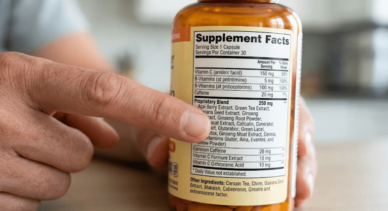 Close up view of a supplement facts label highlighting a proprietary blend section