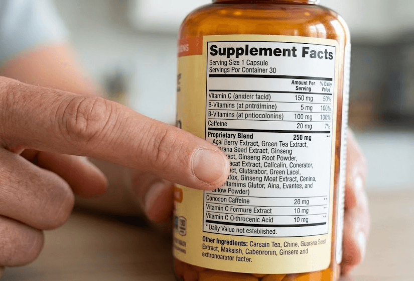 Close up view of a supplement facts label highlighting a proprietary blend section