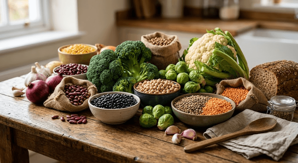 Collection of beans, lentils, and cruciferous vegetables known to contribute to intestinal gas