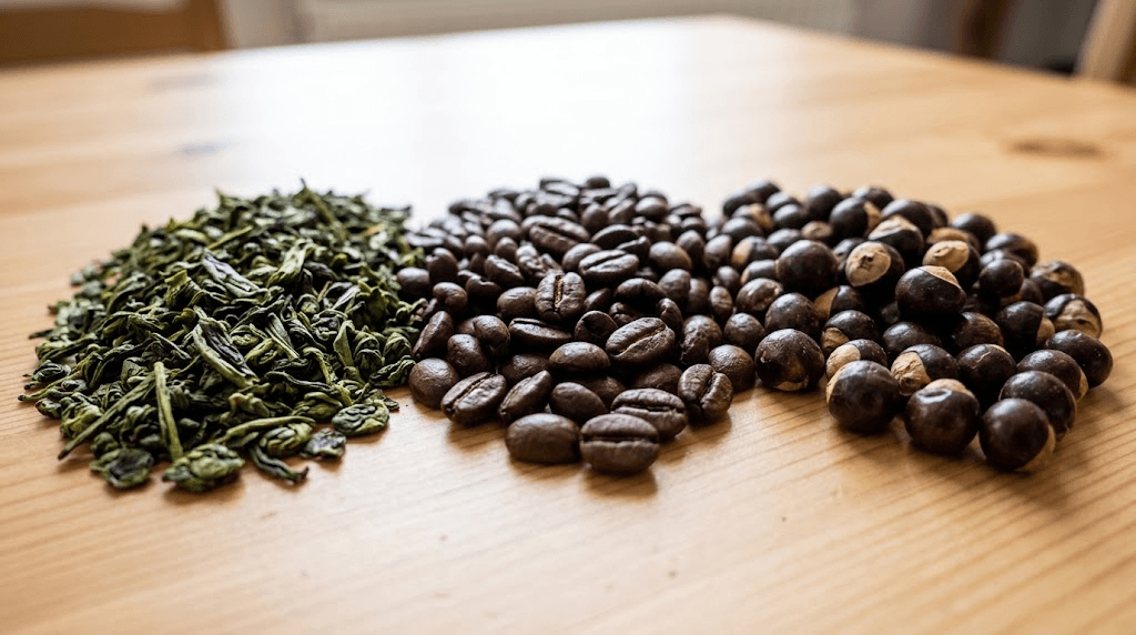 Common natural stimulants including green tea leaves, coffee beans, and guarana seeds used in weight loss supplements