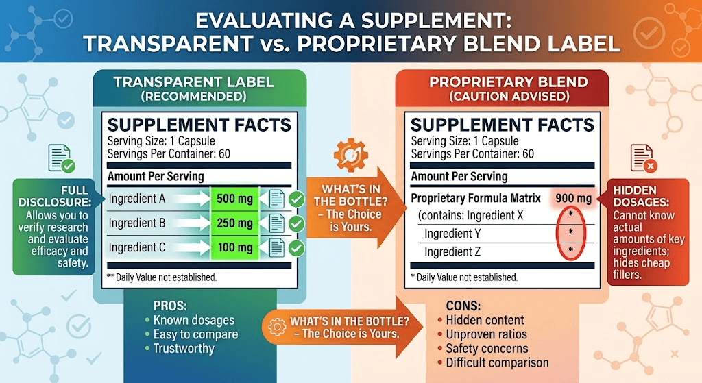Comparison of a transparent supplement facts label and a proprietary blend label for digestive health products