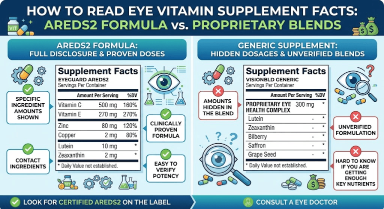 Comparison of an AREDS2 supplement facts label versus a generic proprietary blend eye vitamin label