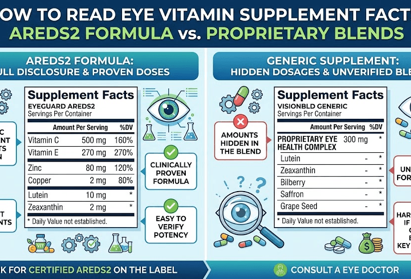 Comparison of an AREDS2 supplement facts label versus a generic proprietary blend eye vitamin label