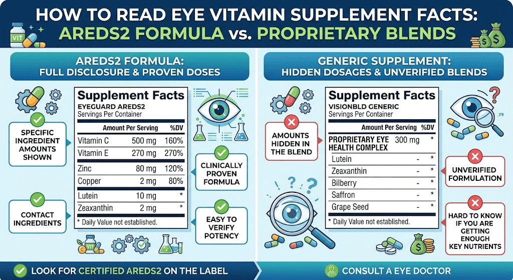 Comparison of an AREDS2 supplement facts label versus a generic proprietary blend eye vitamin label
