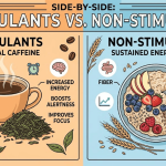 Comparison of stimulant sources like caffeine alongside non-stimulant dietary fiber sources