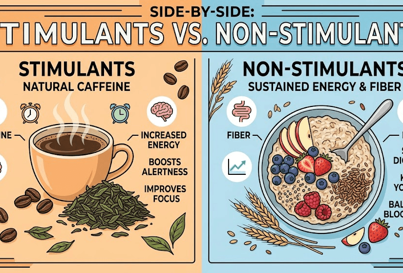 Comparison of stimulant sources like caffeine alongside non-stimulant dietary fiber sources