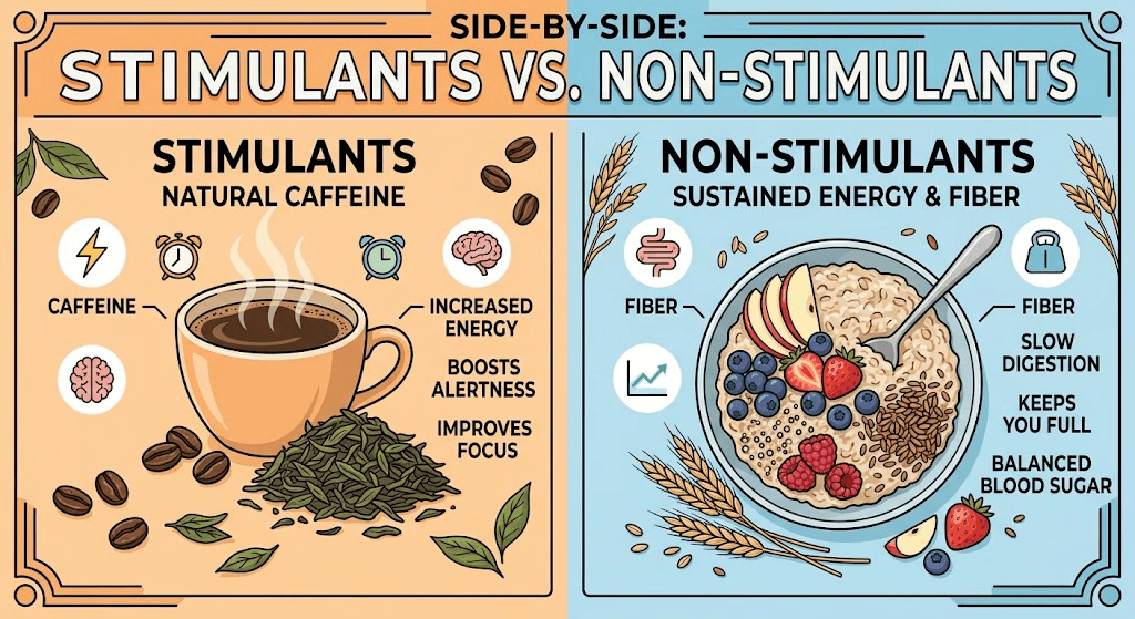 Comparison of stimulant sources like caffeine alongside non-stimulant dietary fiber sources