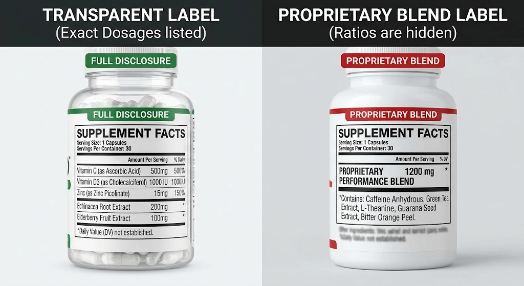 Comparison of transparent supplement ingredient labels versus hidden proprietary blends