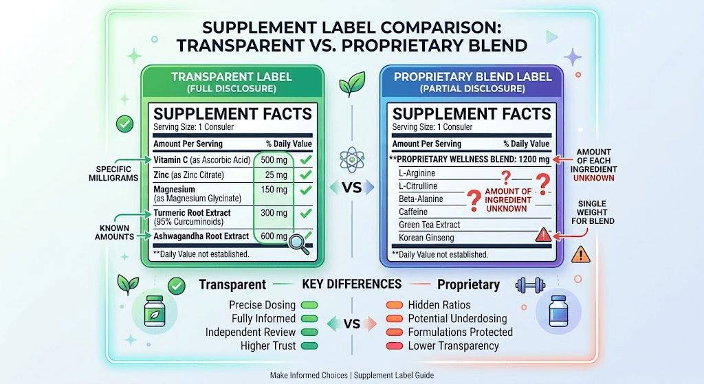 Diagram comparing a transparent dietary supplement label to a proprietary blend label