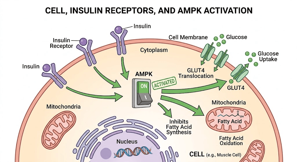 Diagram illustrating how the AMPK enzyme helps cells absorb glucose for energy