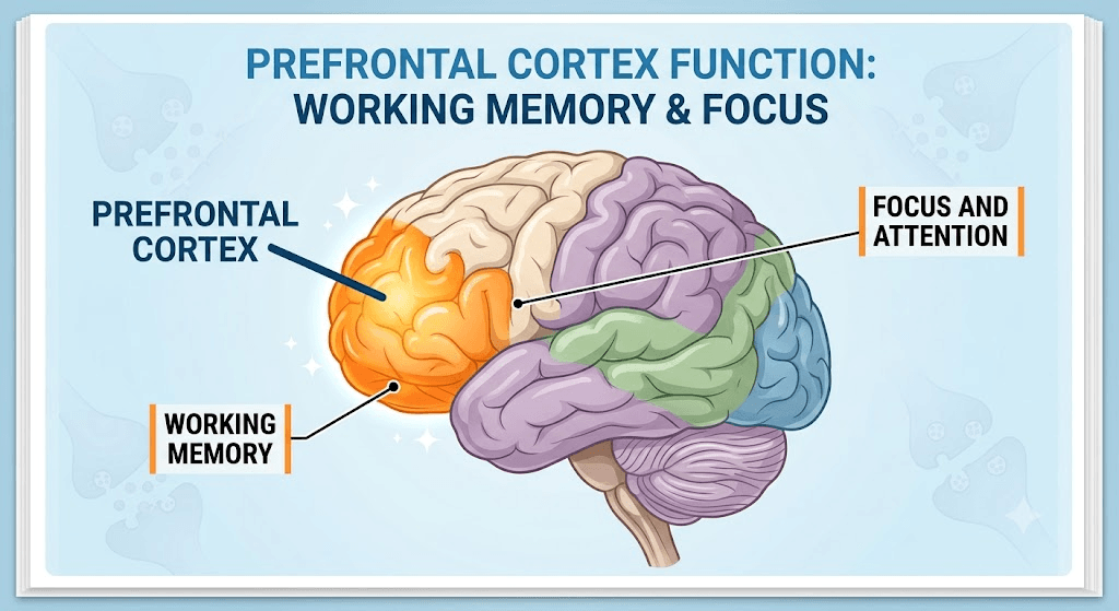 Diagram of the human brain showing areas responsible for memory and focus
