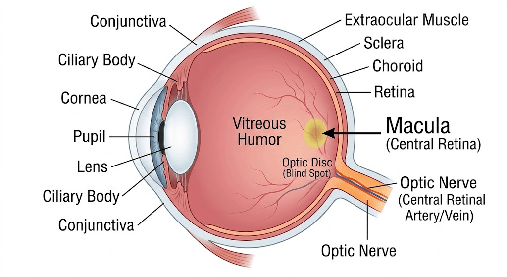Diagram of the human eye highlighting the location of the macula on the retina