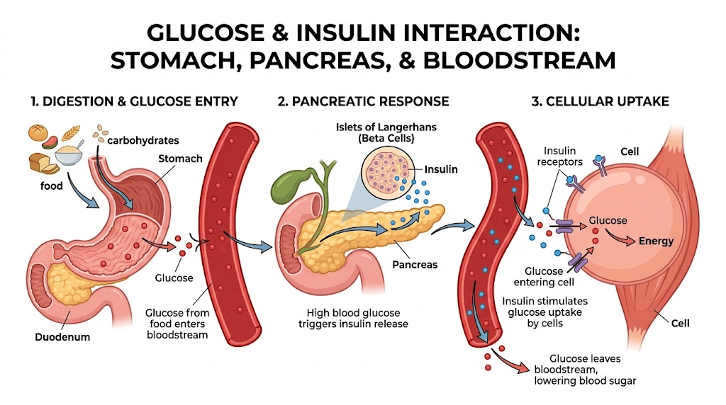 Diagram showing how the pancreas releases insulin to help cells absorb glucose from the bloodstream